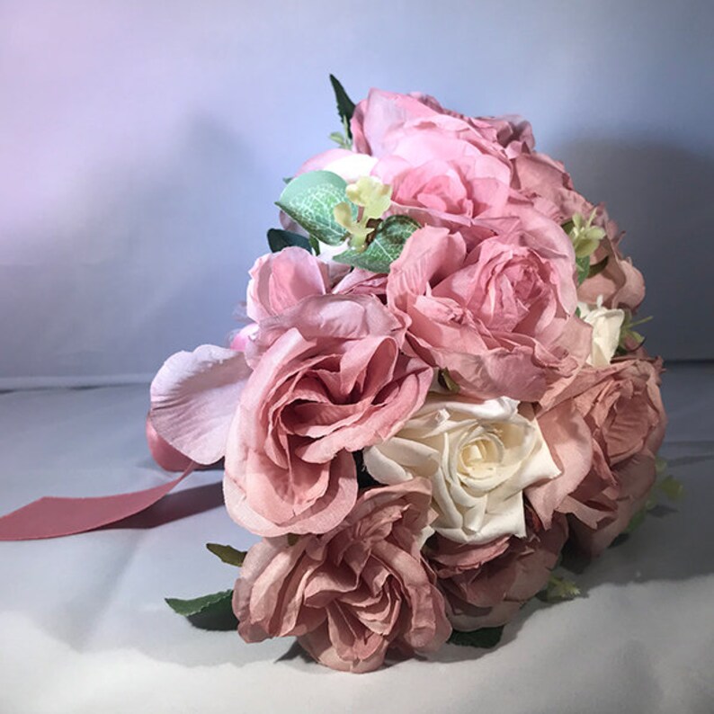 Dusty Pink Rose Bridesmaid Bouquet with Pink Ribbon and White Etsy