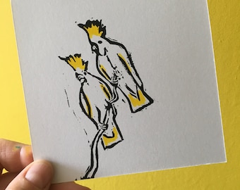 Cacatuas | cartão de felicitações impresso e colorido à mão com envelope