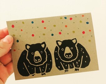 Wombats de festa | cartão de felicitações impresso à mão e colorido com envelope