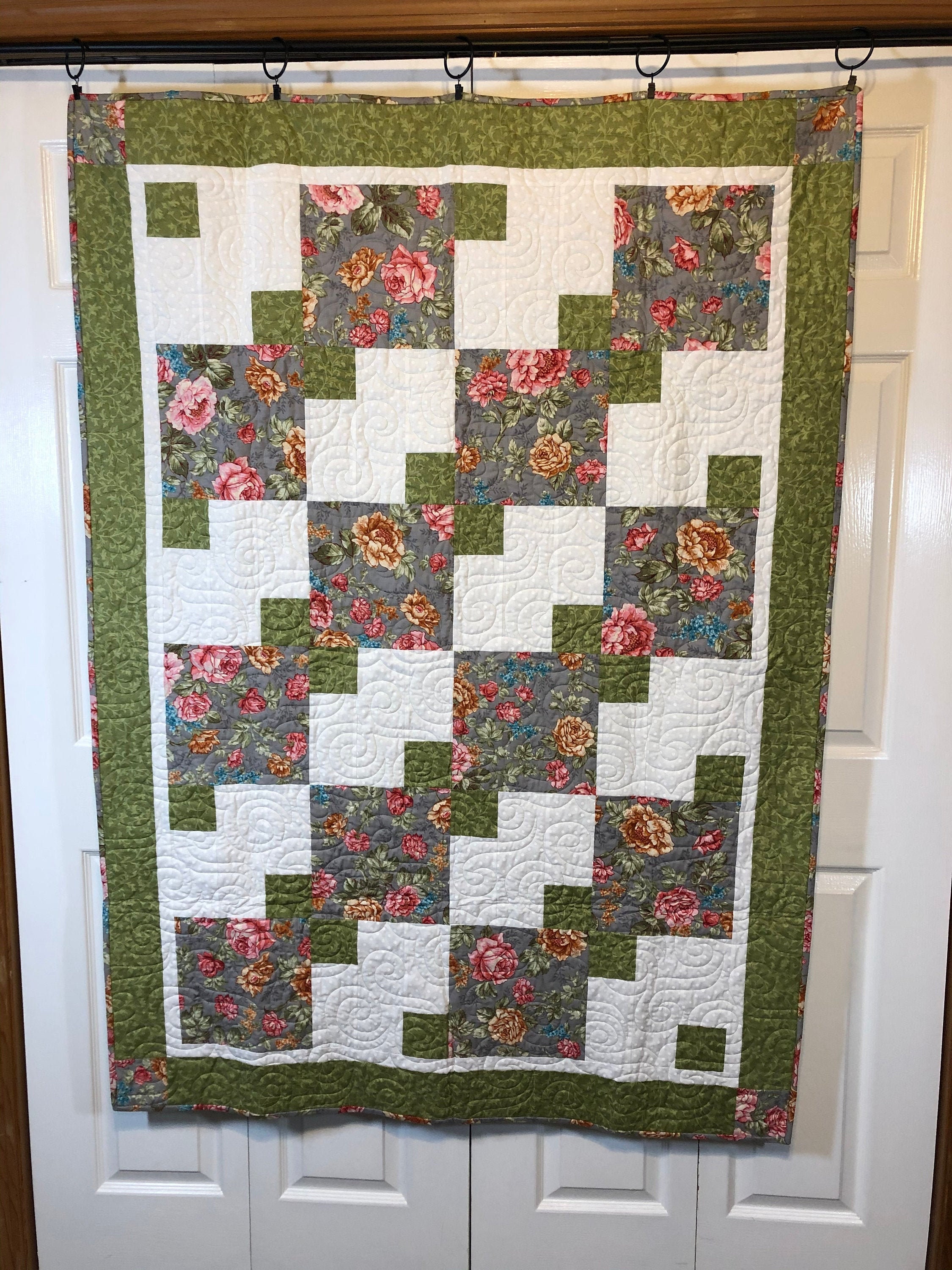Green & Coral Floral Quilt Handmade Etsy UK