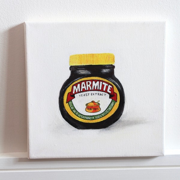 HAND PAINTED Acrylic Marmite Jar 'Love it or Hate it' Weird quirky Gift Ideas Food Foodie Art Artist Unique UK Painting Laura Chapman