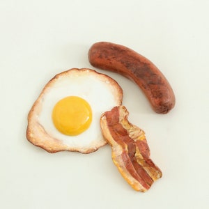 HANDMADE Realistic Set of 3 English Breakfast Fridge Magnets Sausage, Egg and Bacon Props fry up Unusual Weird Gift Ideas