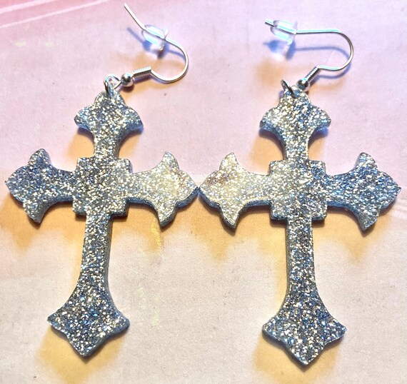 Pair Of Long Cross Crucifix Goth Madonna Clip-On Earrings - Silver Tone, New With Tags