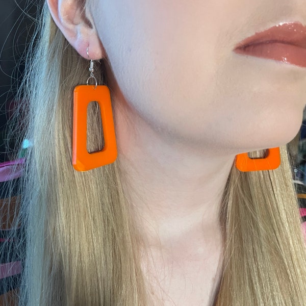 Orange geometric acrylic dangle drop  earrings retro 70s