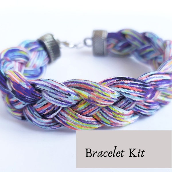 Braided textile bracelet kit, instrutions and materials friendship  bracelet, easy multicolor bracelet tutorial, jewelry kit diy.