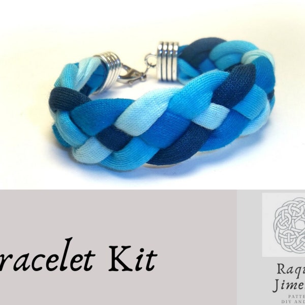 Kit braided bracelet, blue t-shirt yarn bracelet kit, how to make a trapillo bracelet, jewellery kit, kit for handicrafts, craft kit diy,