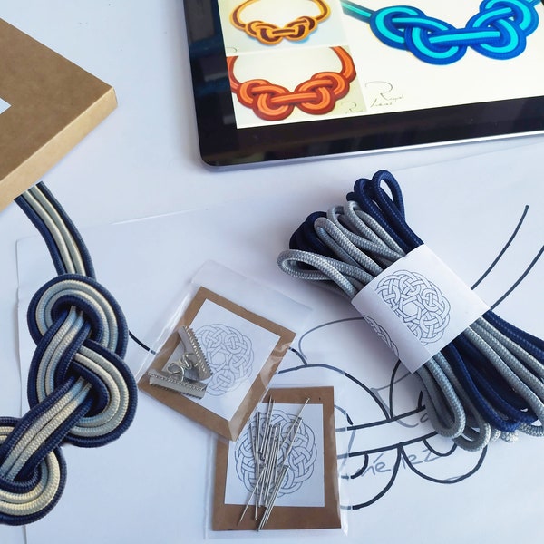 DIY kit of materials with step by step tutorial to make a macrame necklace, materials and tutorial to make a macrame knot necklace.