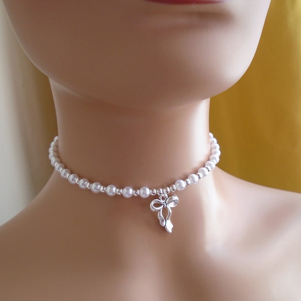 Pearl White Imitation Choker Bow Pendant Necklace String Strand Handmade Necklace Silver White Colour Choker For Her For Him Elegant Cute