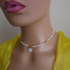 Beaded White Gold Choker Daisy Flower Choker Handmade Necklace Elegant Cute Summer Choker