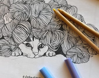 Kleurplaat Cosy Cat in Yarn: handgetekende lijntekeningen (png en jpeg)