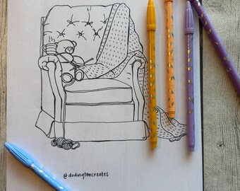 Kleurplaat Cozy Knitting Bear: handgetekende lijntekeningen (digitale download)