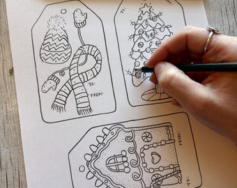 Extra grote kleuren kerstcadeaukaartjes - handgetekende, originele lijntekeningen in png- en jpeg-indeling