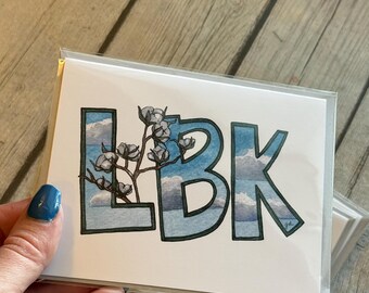 Wenskaart van de originele LBK: aquarel van katoen en wolken in Lubbock