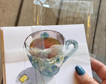 Theekop aquarel wenskaartenset naar een origineel schilderij van een theemok