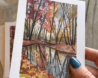 Set herfst bos reflectie aquarel wenskaarten