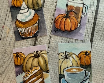 Miniatuur Pumpkin Spice Fall aquarel foodie print set (4 verschillende aquarelschilderijen in totaal)