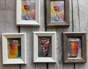 Ingelijste aquarelminiatuurafdrukken van eten en drinken van originele aquarelschilderijen