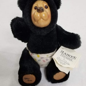 RAIKES - Wooden Face Teddy Bear - Nursery Miniature Series - "Nathan with Wagon"