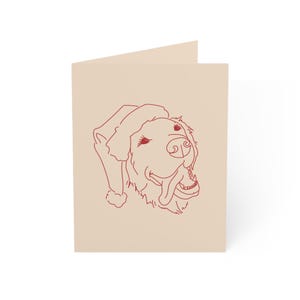 Jeu de cartes de correspondance pour les Fêtes - Chien Golden Retriever dessiné à la main portant un bonnet de Noel - Paquet de 10 - Intérieur vierge - Rouge sur beige/havane - Parfait pour les amoureux des chiens