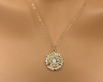 Evil Eye Opal Necklace • Evil Eye Pendant • Evil Eye Necklace • Protection Necklace • Good Luck Necklace • Opal Necklace • Long Necklace
