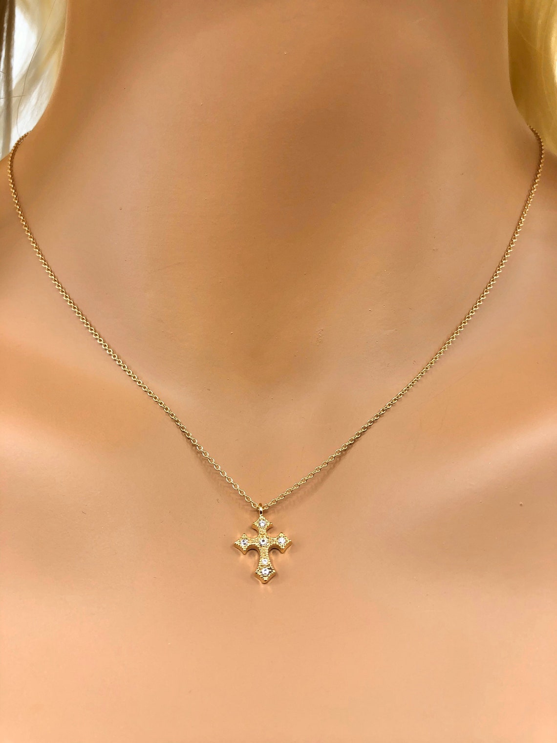 14 Karat Gold Plated Necklace with Double CZ Cross Drop main image 1