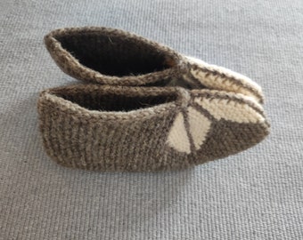 Wool women's or children's slippers hand-knitted from pure wool for cold days