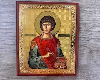 Icon Saint Panteleimon: orthodoxe replica, Servische stijl (10,5 x 12,5 cm)