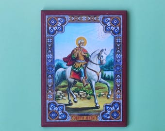 Replica dell'icona ortodossa di San Mina - Icona in legno serba 15x11,5 cm