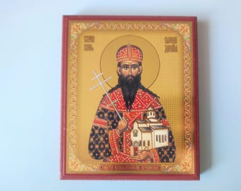 Orthodox icoon: heilige koning Stefan van Decani, Servische religieuze kunst (13 x 10,5 cm)