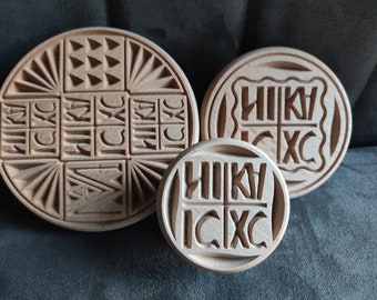 Broodstempel Orthodoxe houten liturgie Traditionele Servische stempel. Drie postzegels in een set