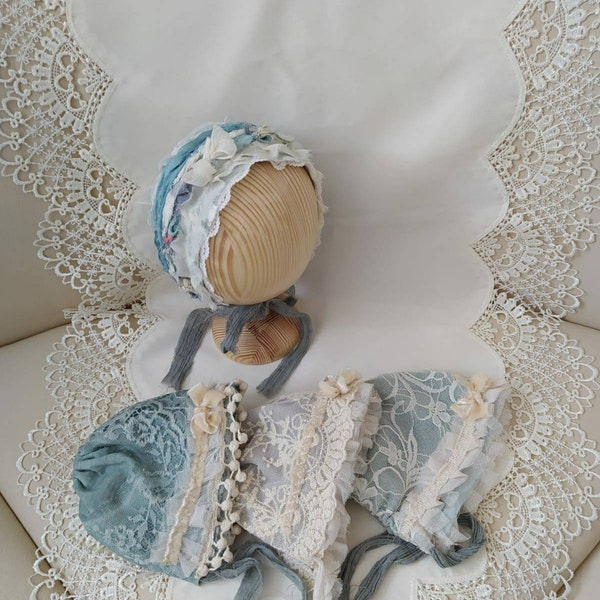 Vintage  lace Turquoise bonnets ready to ship, Newborn hat, bonnet photography,lace hat, outfit girl