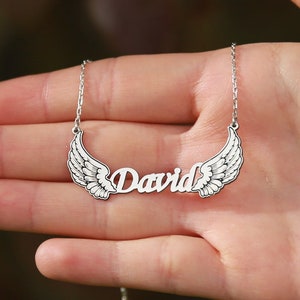 Wings Necklace, Angel Wings Name Necklace, Memory Necklace, Sterling Silver Custom Necklace, Love Core, Wedding, Bridesmaid&#39;s Gift, For Her