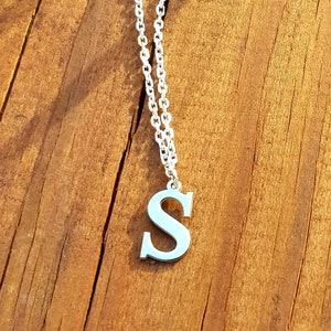 May include: A silver chain necklace with a silver letter 'S' pendant.