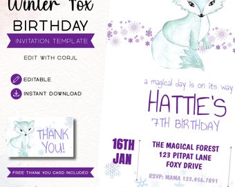 Arctic Fox Birthday Invitation, Editable Woodland Invitation Template, Corjl Instant Download, Fox Party Invite, Printable 5x7