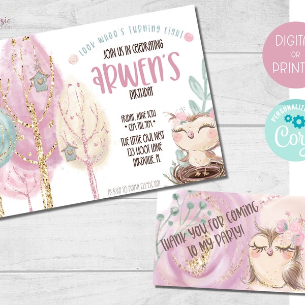 Owl Birthday Invitation Template | Magical Forest Party | Instant Digital or Printed