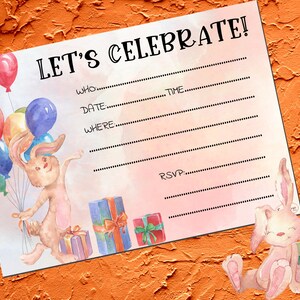 PRINTABLE Bunny, Rabbit, Remplissez vous-même, Invitation d'anniversaire, Vierge, Anniversaire garçon, Anniversaire fille - FICHIER NUMÉRIQUE