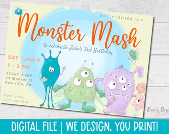 May include: A Monster Mash birthday party invitation with a light blue background and colorful cartoon monsters. The text reads "You're invited to a Monster Mash to celebrate Jake's 3rd Birthday". The date and time of the party are listed as "Sat | Jan 9, 1-3 PM". The location is "Scary Jump, 29 Monser St, Boo-ville, AB". The RSVP information is "RSVP to Kim (123) 456-7894".
