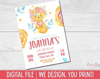 May include: A white invitation with a watercolor illustration of a fox wearing a flower crown. The text reads "a magical day is on it's way JOANNA'S 5TH BIRTHDAY JOANNA'S HOUSE Yipyip Lane, CA 24th APR 1-3 PM RSVP: Mama by Apr 24th at 123.456.7891"