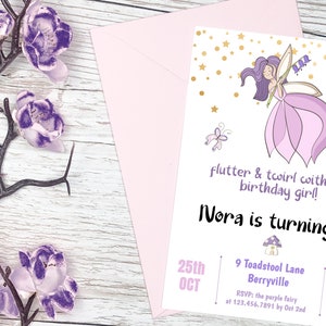 Fairy Birthday Invitation, Flutter & Twirl, Fairy Party, Fantasy Purple Girl Birthday Invitation - DIGITAL INVITATION