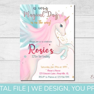 Rosie Unicorn, Pegasus, Alicorn Birthday Invitation - DIGITAL INVITATION