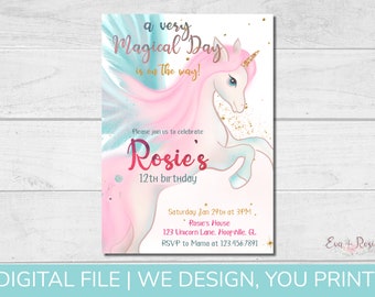 Rosie Unicorn, Pegasus, Alicorn Birthday Invitation - DIGITAL INVITATION