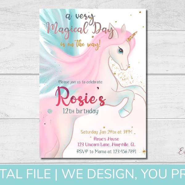 Rosie Unicorn, Pegasus, Alicorn Birthday Invitation - DIGITAL INVITATION