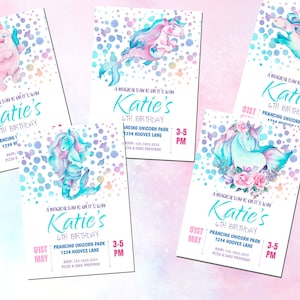 Puede incluir: Varias invitaciones de cumpleaños caprichosas con ilustraciones de acuarela de unicornios y otras criaturas míticas. Las invitaciones están decoradas con colores pastel e incluyen el texto "Katie's 6th Birthday".