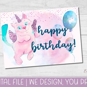 IMPRIMÍVEL Unicórnio, Unicat, Gato, Aquarela, Cartão de Aniversário em Aquarela - ARQUIVO DIGITAL