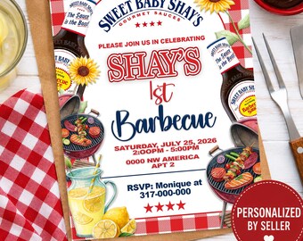 Sweet Baby One BBQ Digital Invitation, Personalized Digital Adorable First Birthday Party Invite