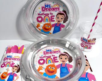 Ms. Rachel Inspired  Personalized Disposal Dinner Plates, Utensil Sets, Cup withLid and straw ,Ms Rachel Party Decorations