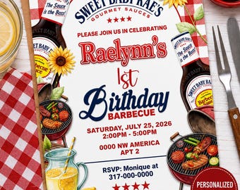Sweet Baby One BBQ Digital Invitation, Personalized Digital Adorable First Birthday Party Invite