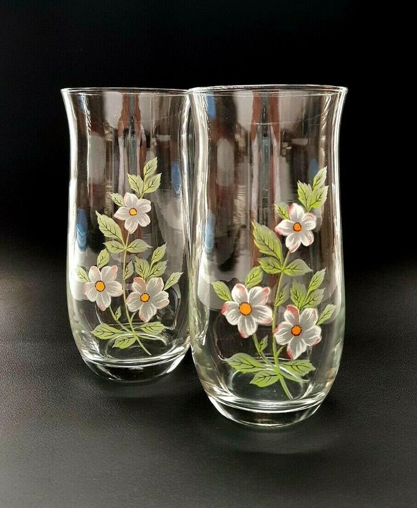 Set of 4 Floral Glass Tumblers 16oz Water Glasses White Etsy
