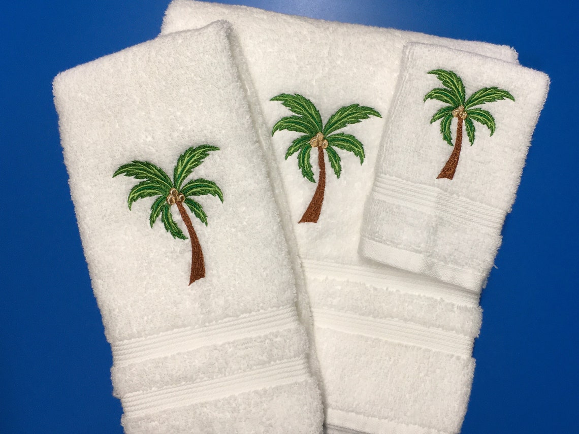 Fun in the Sun Palm Tree Towel Set White or Tan Towels With Etsy