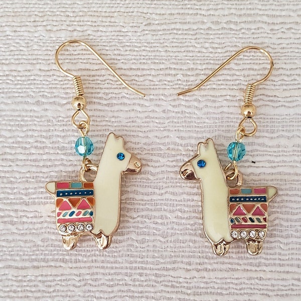 Adorable Llama Earrings with Austrian Crystal / Enamel Llama Earrings / Llama Jewelry / Animal Earrings / Llama Gift